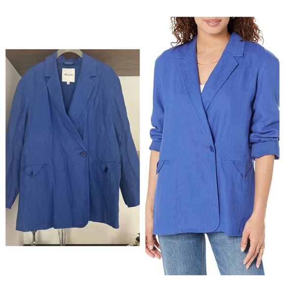 Madewell Double-Breasted Crossover Blazer in 100% Linen in Bluestone - Picture 1 of 8
